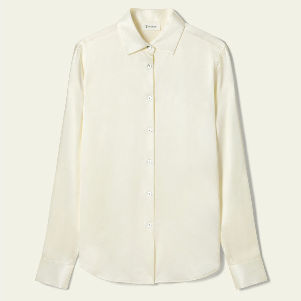 Lilysilk spread collar silk Cream Button-Up Shirt